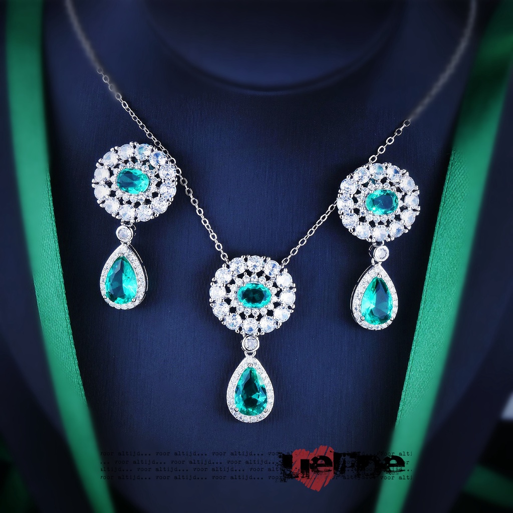 Goldkingdom Aksesoris Perhiasan Fashion Ready Stock Baroque Kalung Droplet Lake Green Set Anting Rumbai