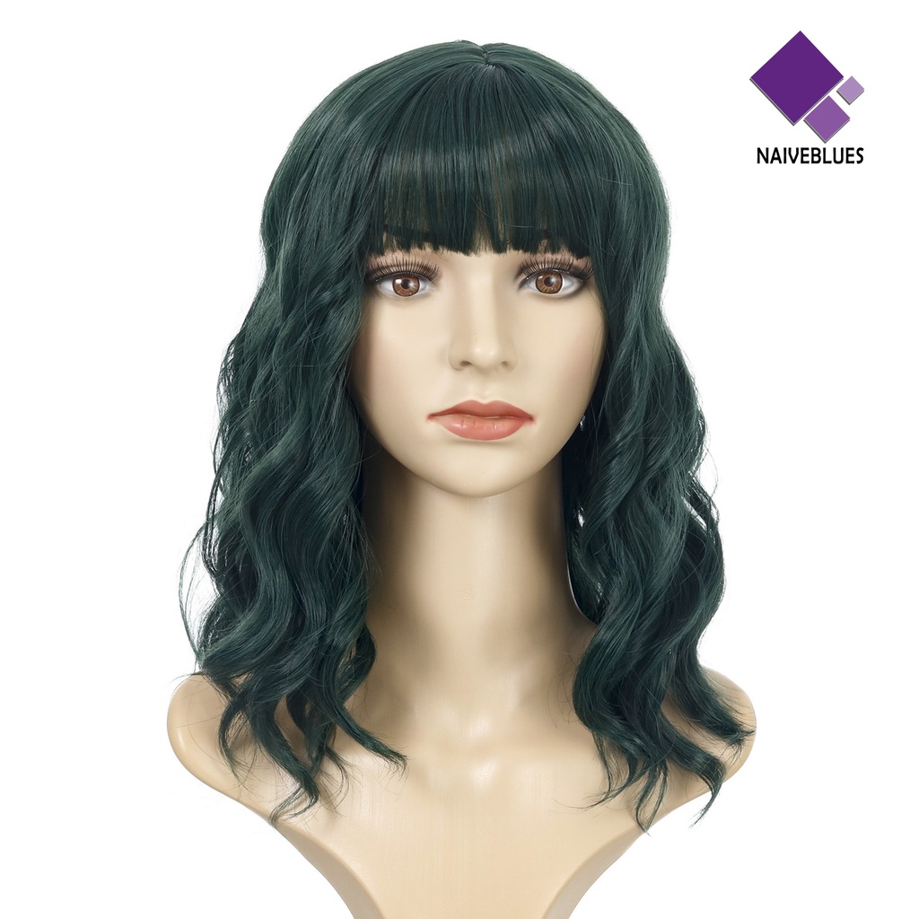 &lt; Naiveblues &gt; Wanita Bergelombang Mid Long Curly Wig Poni Udara Bermain Kostum Pesta