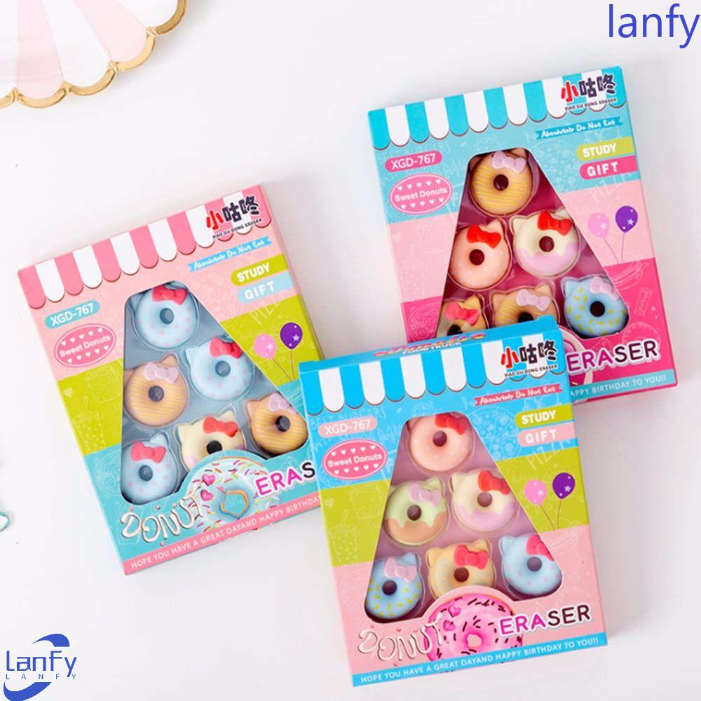 Lanfy Penghapus Donat 6 Pcs/set Penghapus Bentuk Makanan Penutup Siswa Alat Tulis Perlengkapan Sekolah Anak Hadiah Kucing Dengan Mangkuk