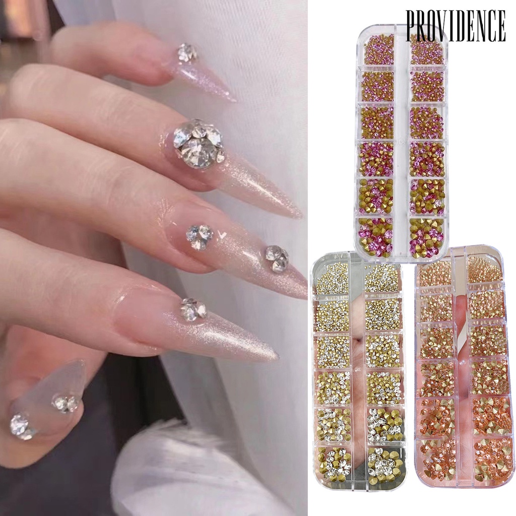 Providence 1kotak Kuku Berlian Imitasi Ukuran Campur Bening Bersinar Mudah Tempel Removable Dekorasi Kuku 12kisi 3D Berbentuk Tidak Teratur Manicure Charm Nail Supplies