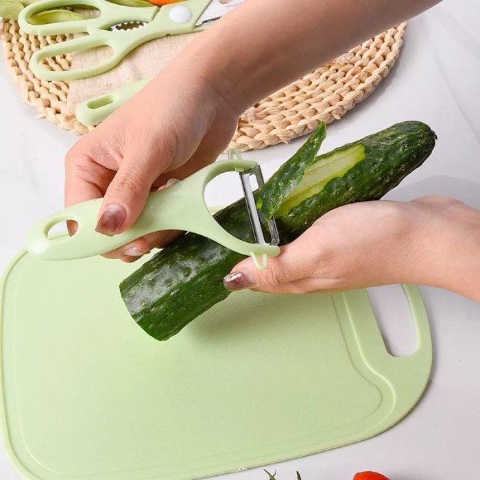 Pisau Set Talenan 4 in 1 Gunting Peeler Talenan Pisau Set Dapur Lengkap Potong Buah Sayur Daging Stainless Steel Plastic