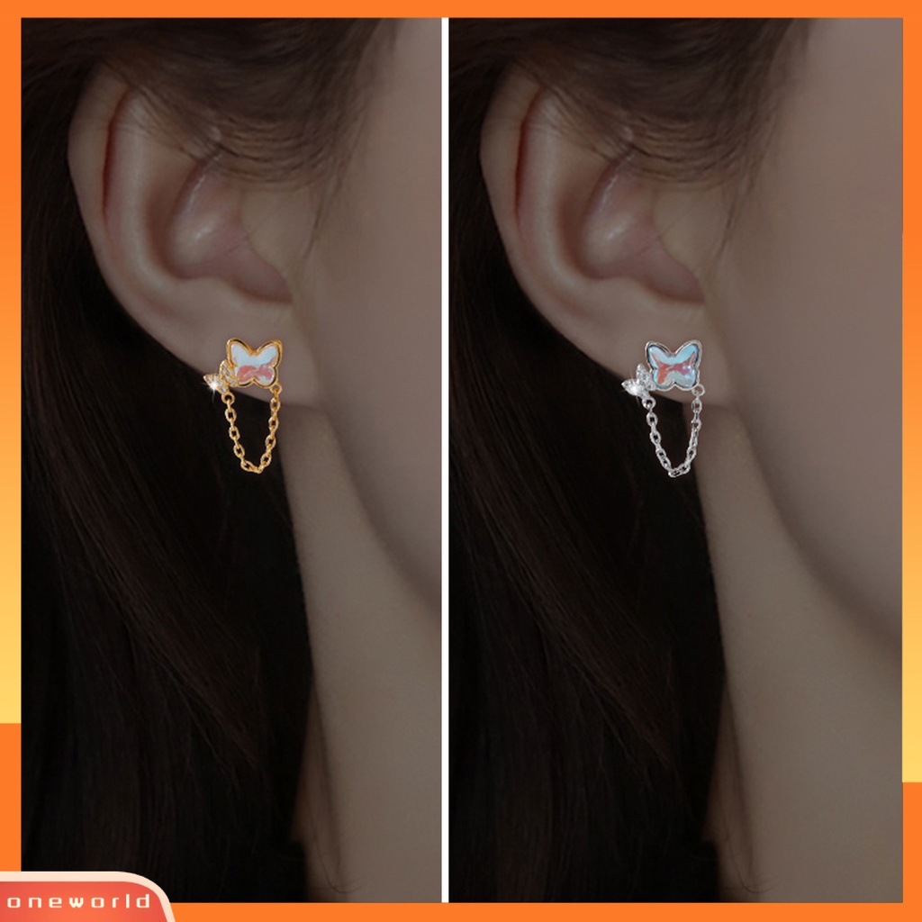 [EONE] 1pasang Ear Studs Mini Faux Moonstone Elegan Berlian Imitasi Tertanam Kupu-Kupu Rantai Wanita Anting Perhiasan Fashion