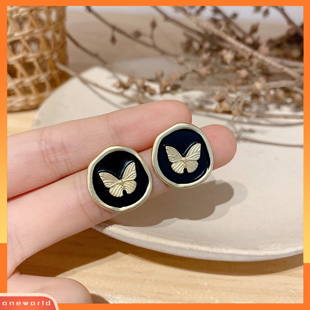 [EONE] 1pasang Ear Studs Retro Gaya Perancis Menjatuhkan Minyak Tidak Teratur Bulat Hadiah Kepribadian Hitam Emas Kupu-Kupu Wanita Anting-Anting Fashion Perhiasan