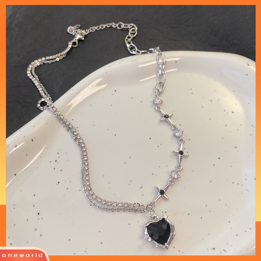 [EONE] Wanita Kalung Dengan Liontin Hati Hitam Shiny Cubic Zirconia Hias Bintang Punk Asimetris Klavikula Kalung Fashion Perhiasan