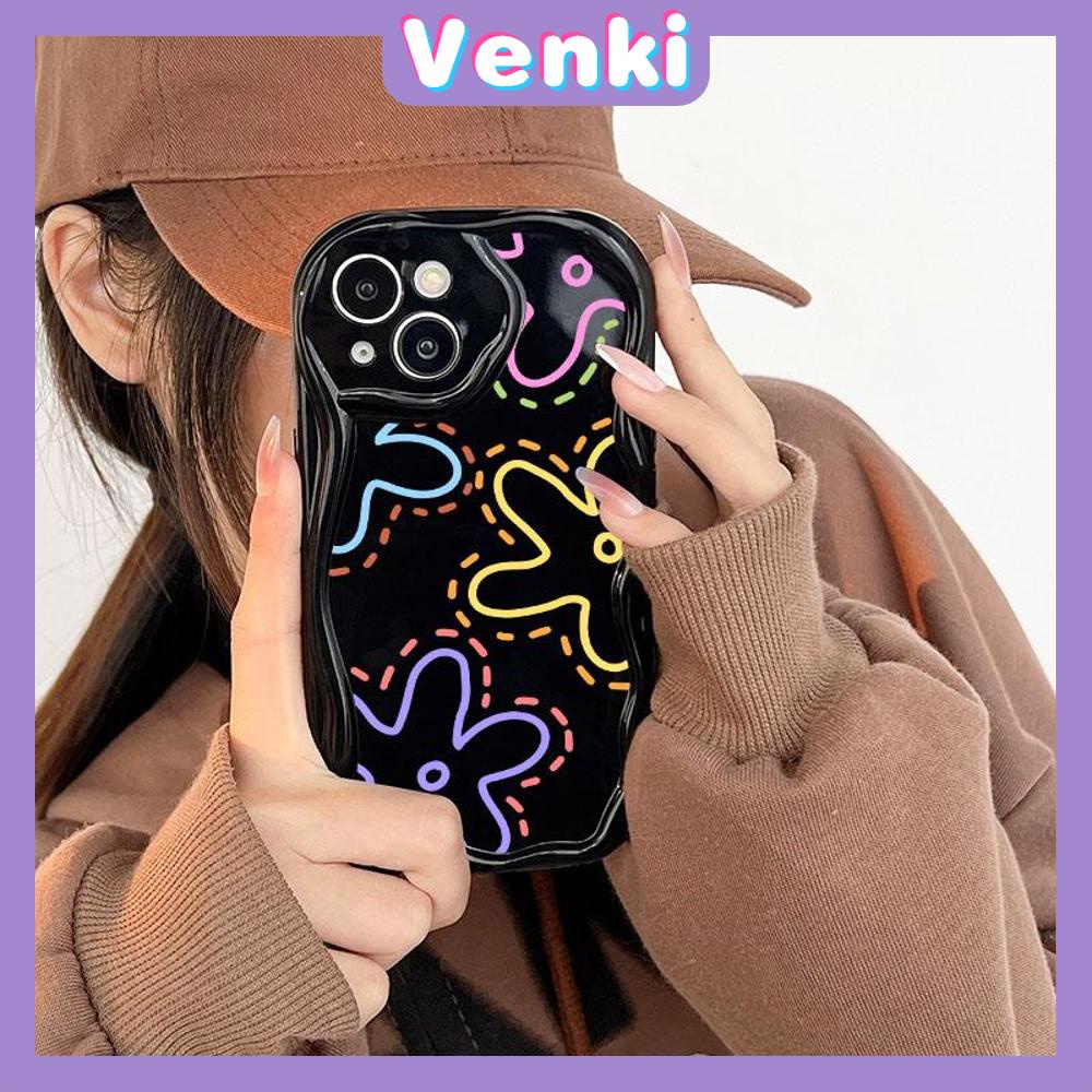 VENKI - For iPhone 11 iPhone Case 3D Curved Edge Wave Glossy Black TPU Airbag Shockproof Camera Cover colored flower Compatible with iPhone 14 13 Pro max 12 Pro Max xr xs max 7Plus