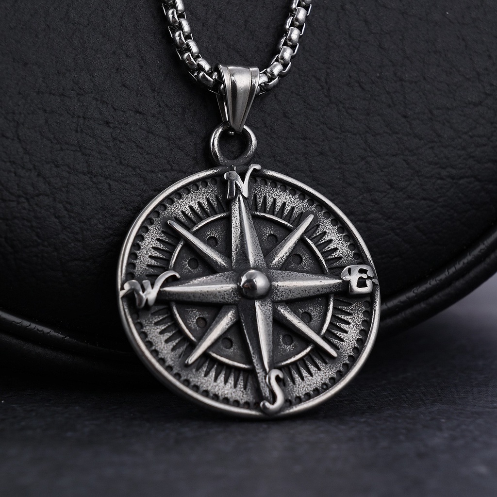 [X C Kalung] Baru Silvery Six Star Compass Pendant Punk Hip Hop Stainless Steel Kalung Hadiah Pesta Ulang Tahun Untuk Pria Dan Wanita