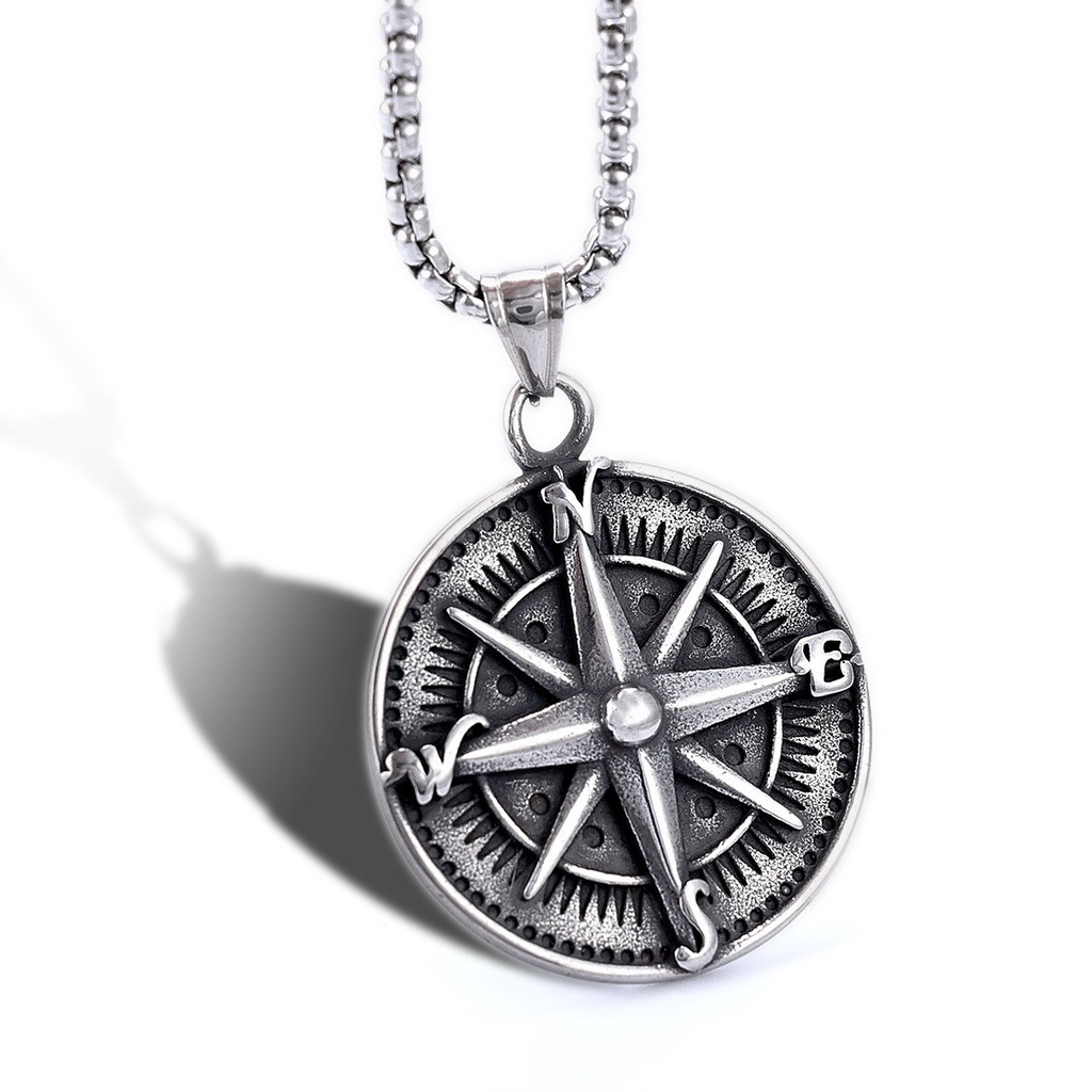 [X C Kalung] Baru Silvery Six Star Compass Pendant Punk Hip Hop Stainless Steel Kalung Hadiah Pesta Ulang Tahun Untuk Pria Dan Wanita