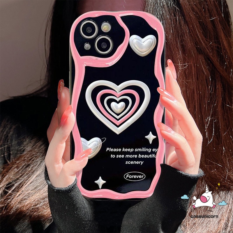 IPHONE 3d Wavy Curved Edge Love Heart Back Cover Kompatibel Untuk Iphone14 11 12 13 Pro Max 7Plus XR X7 8 6s 6 Plus XS Max SE 2020 Glossy Shockproof Soft Tpu Phone Case Shell