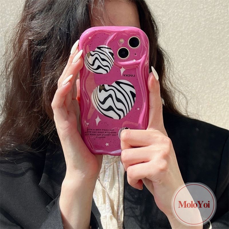 IPHONE Casing Ponsel Kompatibel Untuk Iphone11 12 13 14 Pro Max XR 7Plus 8Plus X 7 8 6s 6 Plus XS Max SE 2020 INS Pink Love Heart Leopard 3D Wavy Curved Edge Glossy Shockproof Soft Tpu Cover