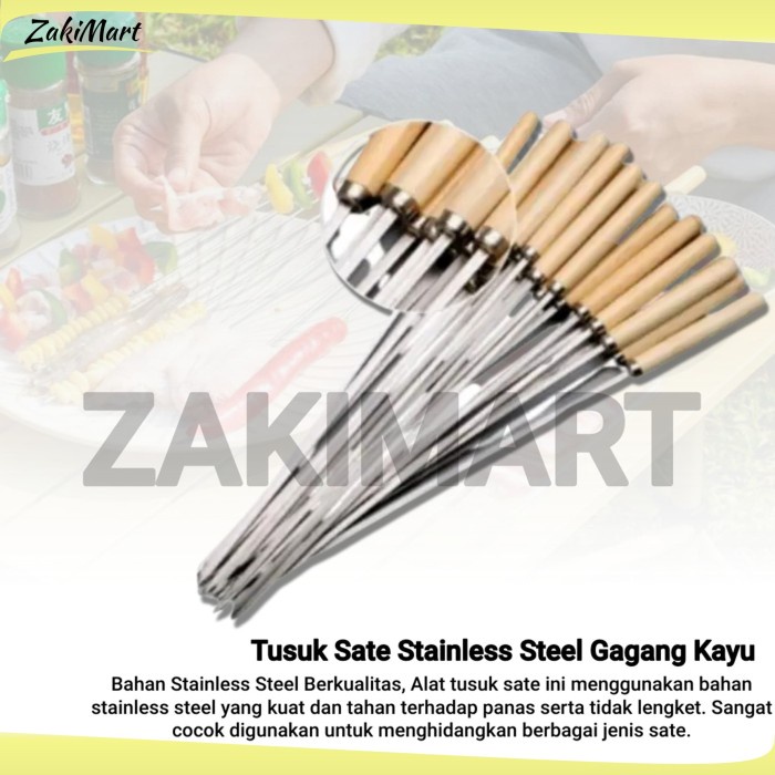 Tusuk Sate Stainless Steel Gagang Kayu Tusuk Sate BBQ Alat Panggang - Polos