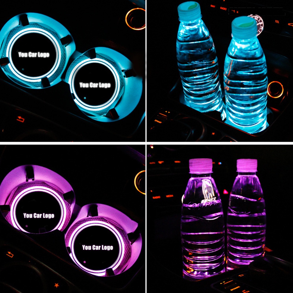 [SM Otomatis] Bulat Logo Mobil Rechargeable LED Light Cup Mat Pad Tatakan Gelas Auto Interior Decor