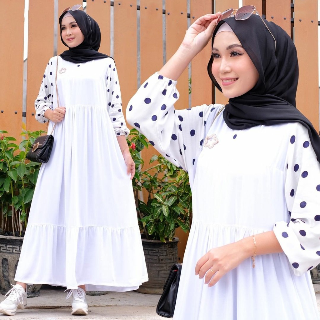 GAMIS STORE - Dasima Dress Gamis Maxy Muslim Polos Lengan Mix Polka Fit To L Premium