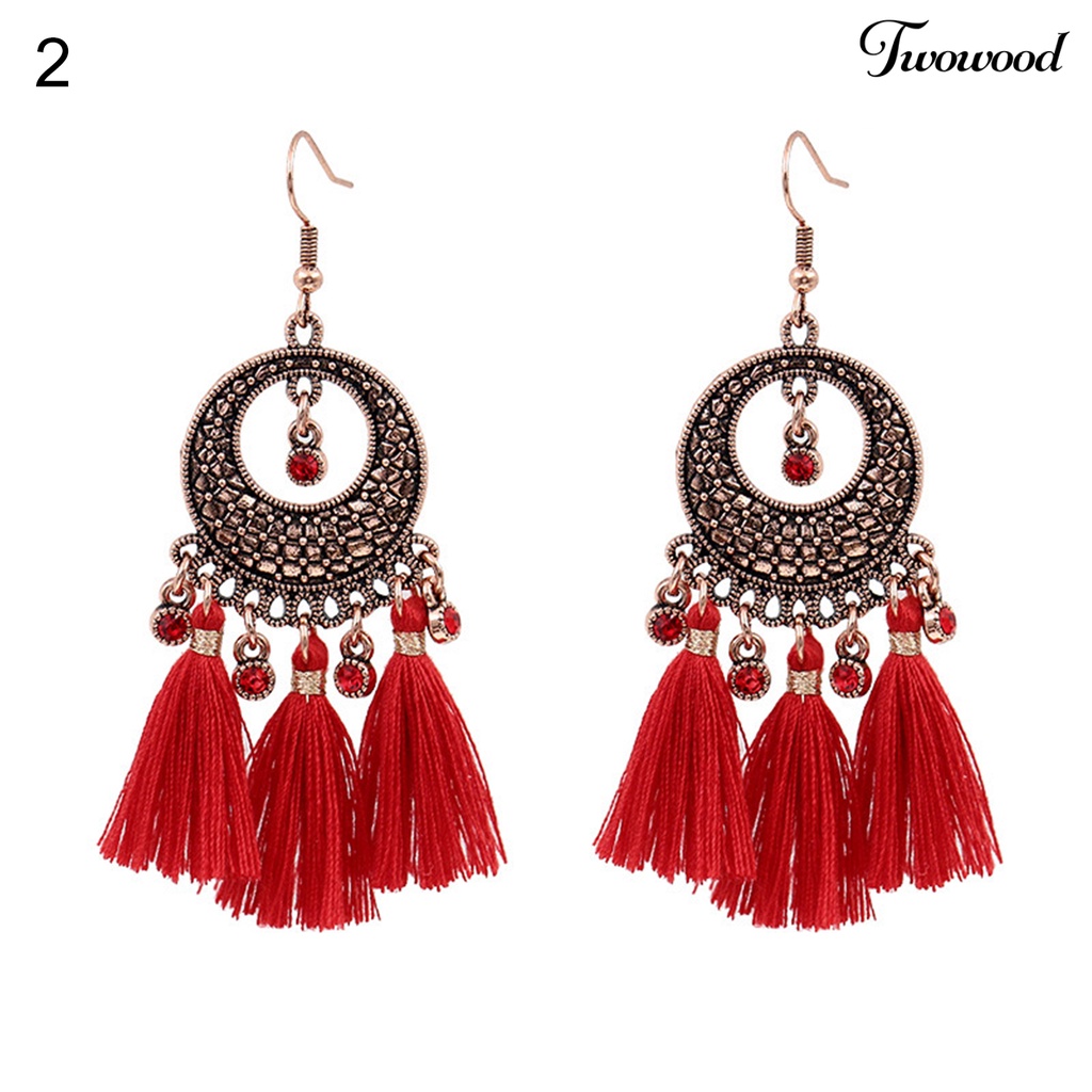 Twowood 1pasang Anting Menjuntai Rumbai Desain Perhiasan Hadiah Merah Wanita Pernikahan Drop Earrings Untuk Festival