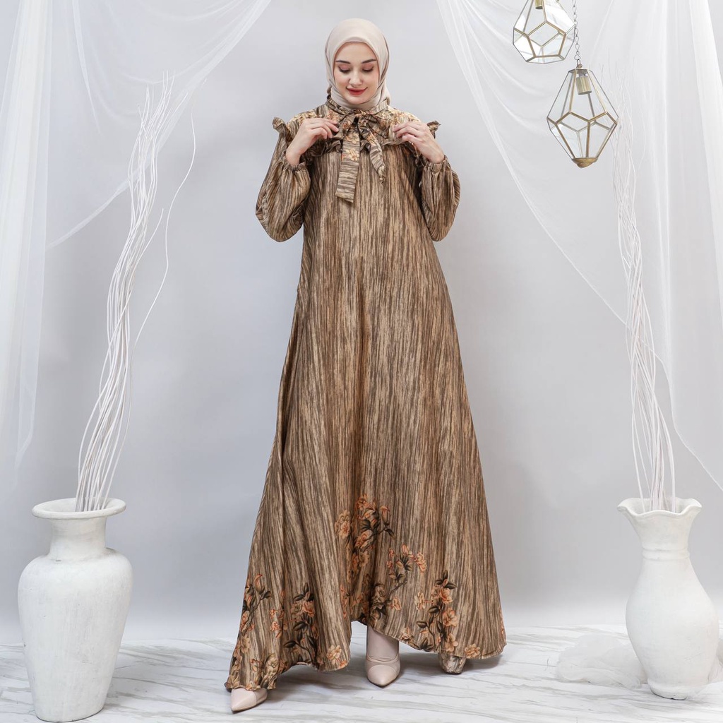 Ulya Dress - Gamis Terbaru Diora Silk Dress Wanita Lengan Panjang Ruffle Maxidress Kekinian LD 110 cm