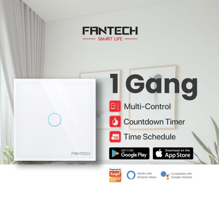 FANTECH Saklar Smart Life Wall Switch 1 Tombol Touch Wi-Fi - SWS0101 1 Gang EU Tombol Lampu