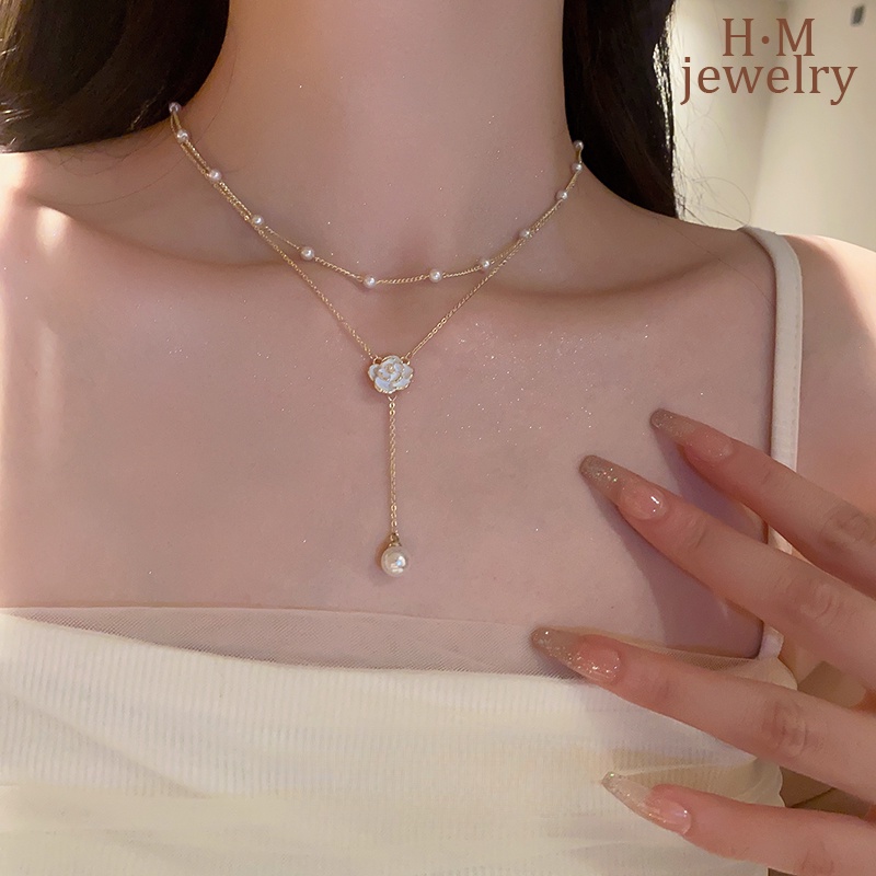 S925 Perak Baru Camelia Mutiara Kalung Rumbai Double Layer Twin Ornament