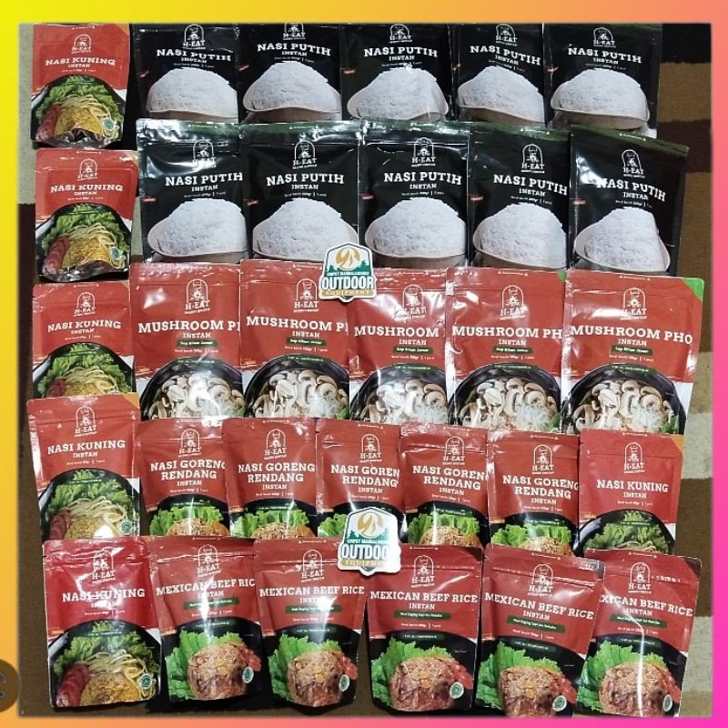 

RILIS❤❤❤ Makanan Instan H EAT Makanan Gunung Nasi Putih, Nasi Kuning, Mashroom Pho, Nasi Goreng Rendang