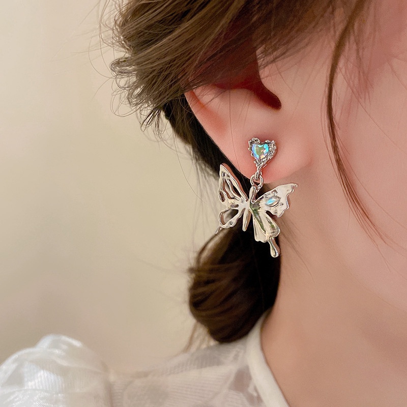 Anting Tusuk Butterfly Hati Bahan Alloy Kristal Korea Untuk Anak Perempuan