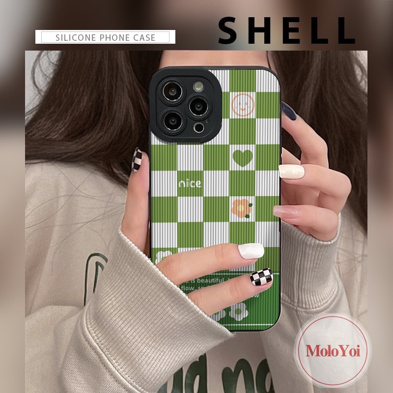 Retro Kotak-Kotak Bunga Cinta Hati Shockproof Case Kompatibel Untuk IPhone XR XS X Max8 7 Plus 11 13 14 12 Pro Max 7Plus Tekstur Kulit Mewah Lembut Silikon Phone Cover