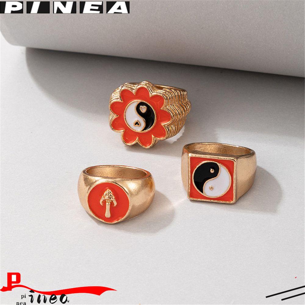 Nanas 3Pcs Cincin Jari Wanita Love Hati Yin Yang Enamel