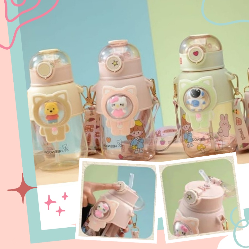 Botol Minum Boneka Kartun Tenteng Putar &amp; Klik Free Stiker Lucu Transparan 700ML