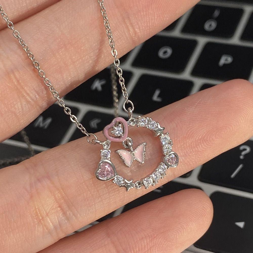 Mxbeauty Y2K Wanita Kalung Aesthetic Pesona Halus Klavikula Rantai Kupu-Kupu Berlian Imitasi Alloy Pink Hati Gadis Choker