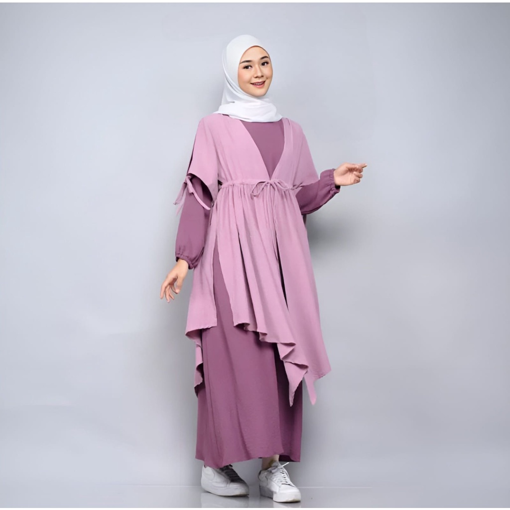 Faiza Set Setelan Gamis + Outer Crinkle Airflow Muslim Wanita Korean Style Premium Terlaris