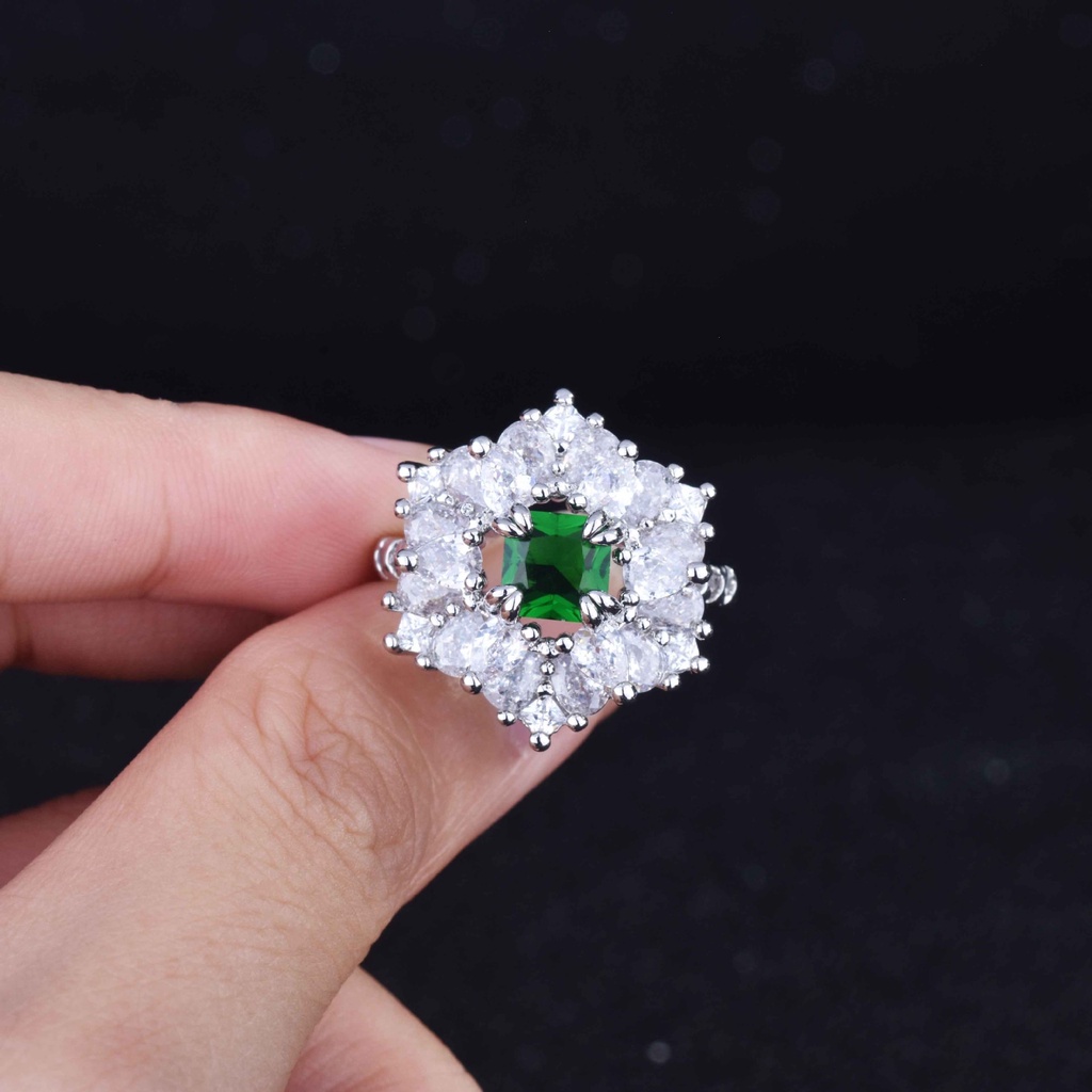 Goldkingdom Aksesoris Perhiasan Fashion Ready Stock Putri Cincin Berlian Persegi, Set Cakar Elang Zamrud Alami Dengan Cincin Mulut Hidup Harta Karun Warna-Warni