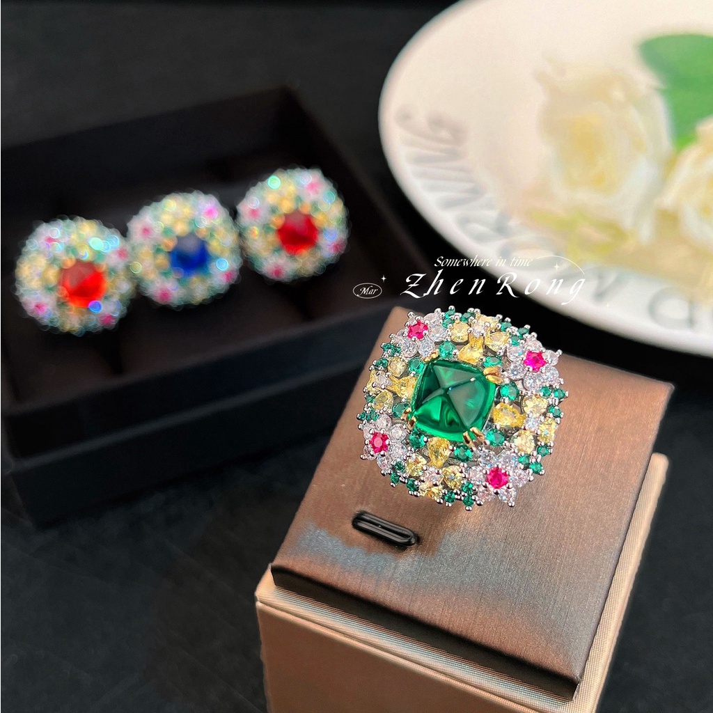 Goldkingdom Aksesoris Perhiasan Fashion Ready Stock Secret Garden Natural Zamrud Cincin Vintage Berlian Royal Blue Ruby Girl