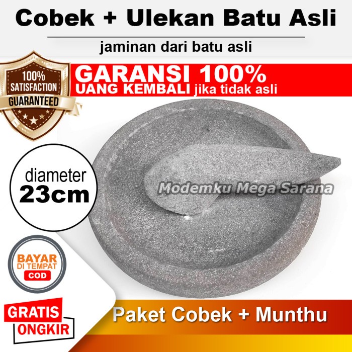 Cobek Batu Asli Original + Ulekan Munthu Muntu Muntilan Merapi - 23 cm