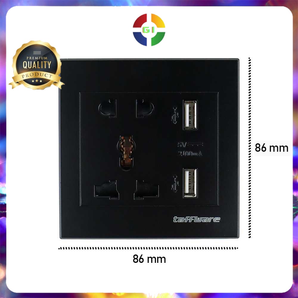 Stop Kontak Universal Wall Socket UK EU US &amp;amp; 2 Port USB 2.1A Black