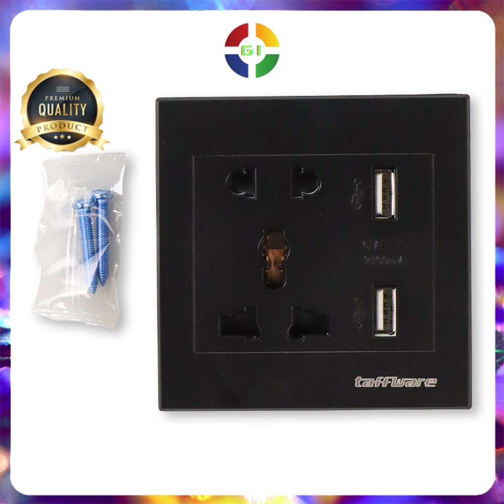 Stop Kontak Universal Wall Socket UK EU US &amp;amp; 2 Port USB 2.1A Black