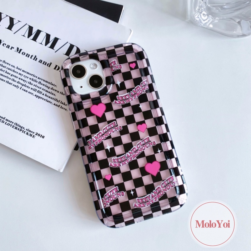 3d Cinta Hati Liontin Case Kompatibel Untuk IPhone 7Plus XR 11 14 13 12 Pro MAX 6 6S Plus X XS MAX Kawaii Korea Lucu Kotak-Kotak Kisi Shockproof Bening Lembut TPU Airbag Penutup Belakang