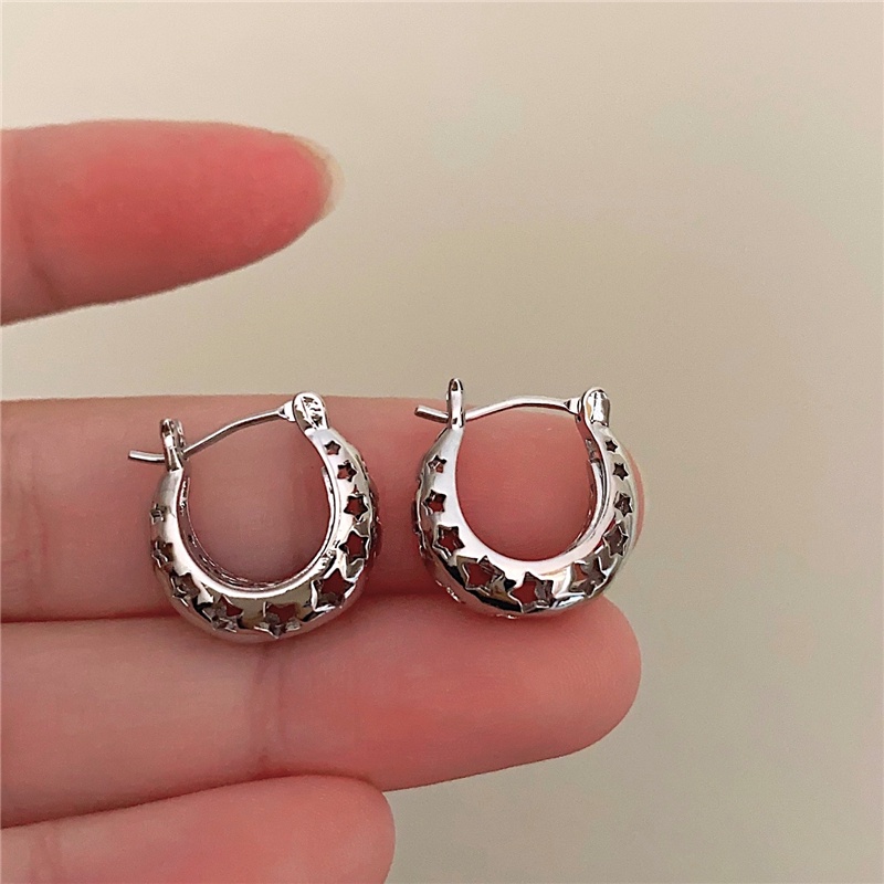 Roselife Korea Streetwear S925 Perak Berongga Bintang Chunky Hoop Anting Untuk Wanita Gadis Manis Keren Langit Berbintang Bulat Anting-Anting Pertunangan Pesta Fashion Telinga Perhiasan Hadiah