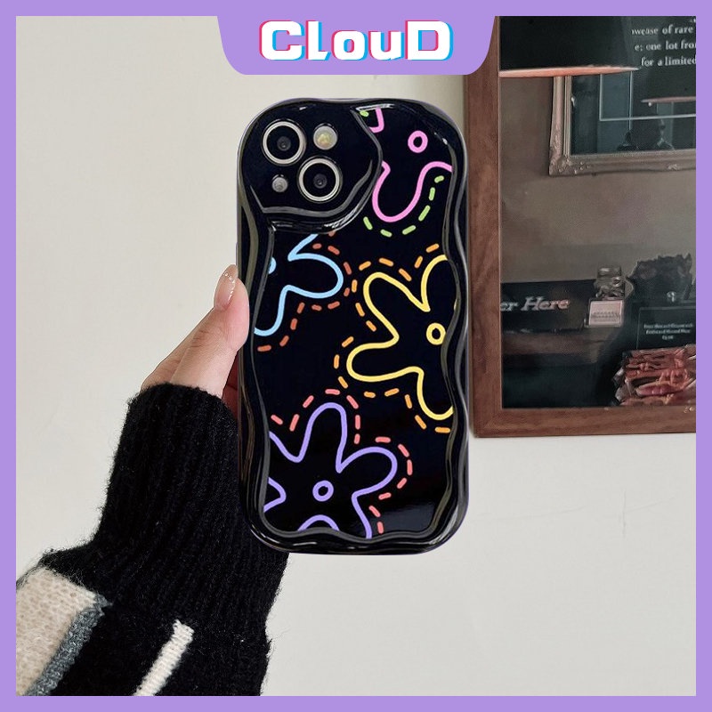 3d Wavy Curved Edge Shockproof Glossy Floral Phone Case Kompatibel Untuk iPhone 7Plus XR X11 14 12 13 Pro Max 6s 6 7 8 Plus XS Max SE 2020 Fashion Garis Sederhana Bunga Soft Cover