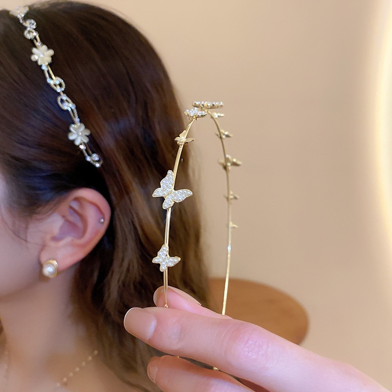 Fashion Alloy Tipis Bunga Bando Kupu-Kupu Berlian Imitasi Mutiara Rambut Band Wanita Aksesoris Rambut