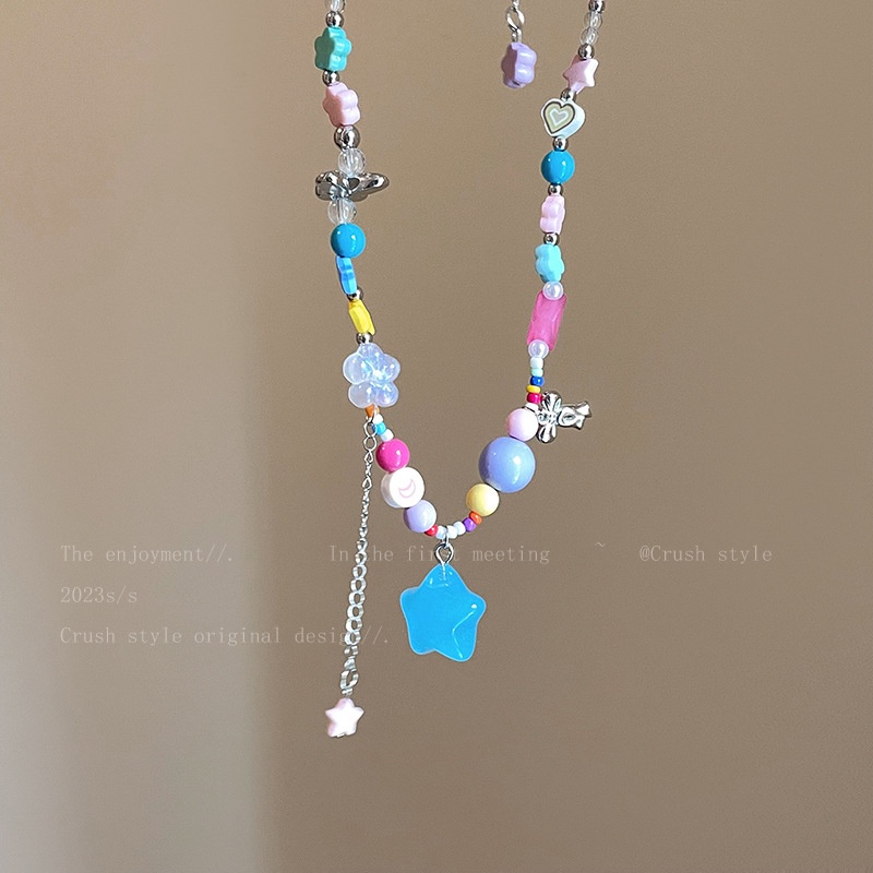 Warna-warni Permen Bintang Manik-Manik Kalung Y2K Manis Keren Perak Kupu-Kupu Klavikula Rantai Kalung Boho Wanita Choker