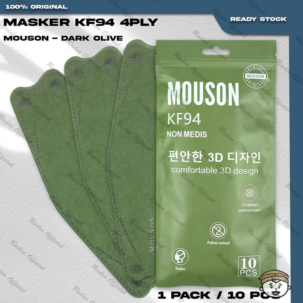 Masker KF94 MOUSON 4Ply Isi 10Pcs Dark Olive Hijau Tua Korea KF 94 4 Ply Earloop Surgical Mask