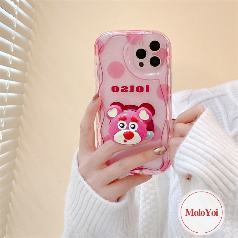 IPHONE 3d Wave Point Kartun Strawberry Bear Cute Case Kompatibel Untuk Iphone11 14 13 12 Pro Max 6 7 6s 8 Plus XR X XS Max 7Plus SE 2020 Wavy Curved Edge Glossy Shockproof Shell Cover