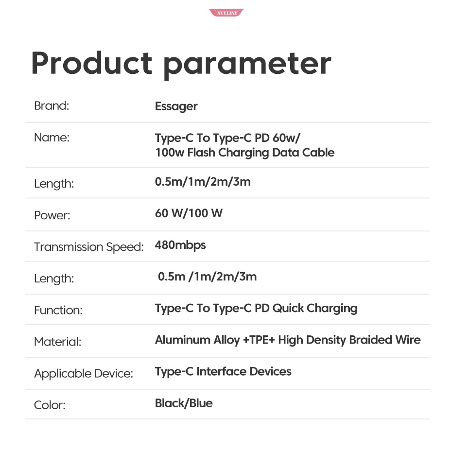 Essager 100W USB Tipe C Ke USB C Kabel USB-C PD Fast Charging Charger Wire Cord Untuk Macbook Samsung Xiaomi Type-C Kabel USBC 3M [ZXL]