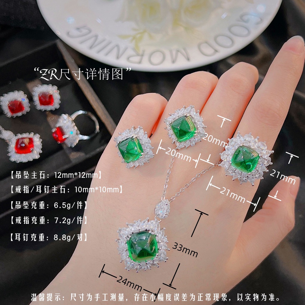 Goldkingdom Aksesoris Perhiasan Fashion Ready Stock Zamrud Cincin Cahaya Mewah Retro Warna-Warni Set Anting Liontin Kalung