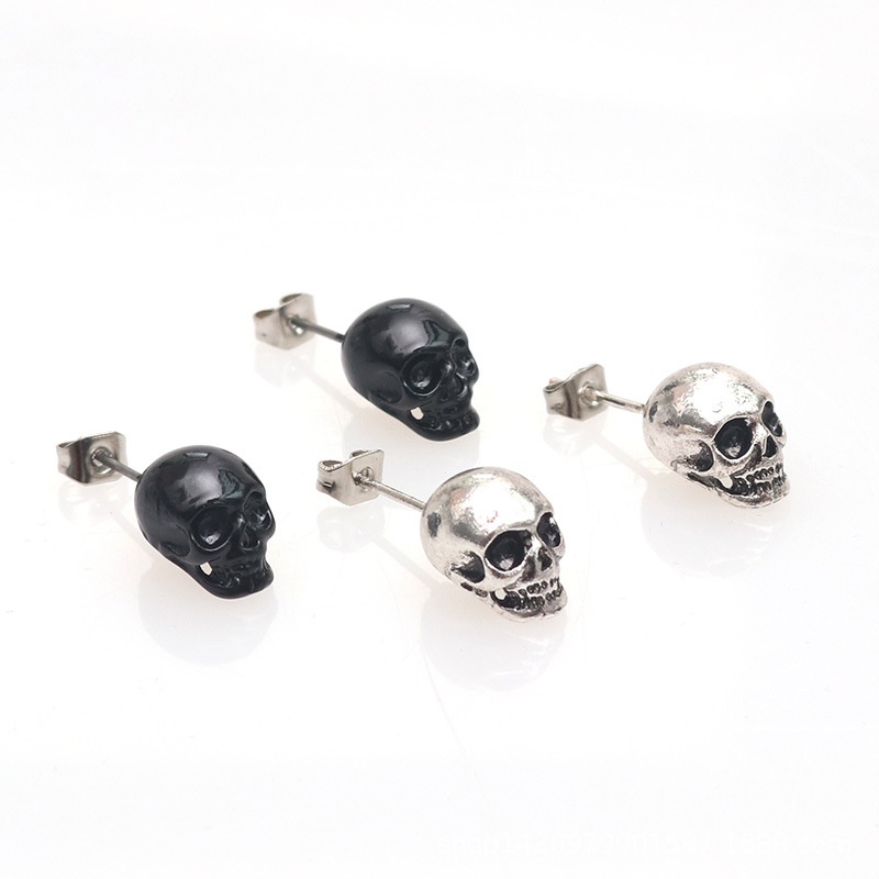 1pasang Anting Tusuk Tengkorak Antik Warna Silver Hitam Untuk Wanita Pria Anting Tindik Aksesoris Perhiasan Halloween