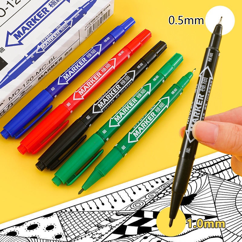 1pc Dual Tip 0.5/1.0mm Spidol Hitam Biru Merah Hijau Berminyak Art Marker Cepat Kering Penanda Berkepala Ganda Tahan Air Penanda Permanen Siswa Perlengkapan Sekolah Alat Tulis Kantor