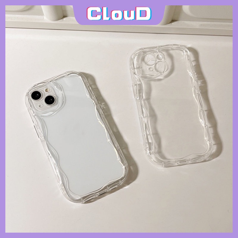 IPHONE Casing Ponsel Glossy Tepi Melengkung Bergelombang 3D Kompatibel Untuk Iphone11 13 14 12 Pro MAX XR7plus X XS Max7 8 Plus SE 2020 Fashion Sederhana Cat Air Gelombang Bingkai Bantal Tpu Soft Cover