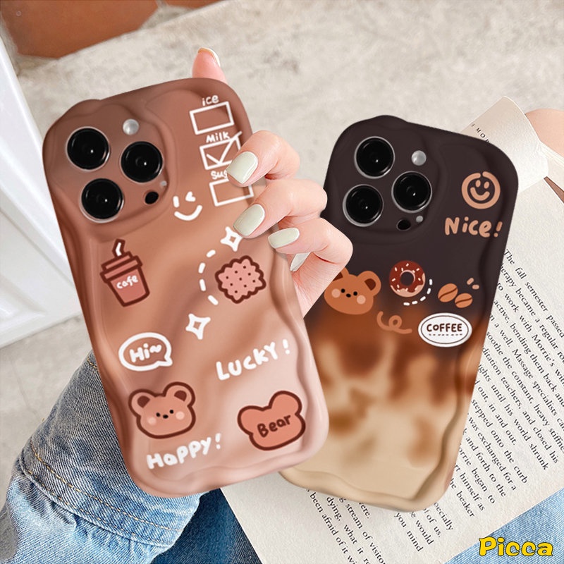 Casing Tepi Melengkung Bergelombang 3D Untuk Redmi 9A 10C 9T 9C 10 9 A1 10A 9C NFC A2 Redmi Note 11 10 8 9 11s 10s 10Pro 10 Pro Max Plus POCO M3 Kartun Beruang Lucu Kopi Donat Gradasi Lembut Sarung