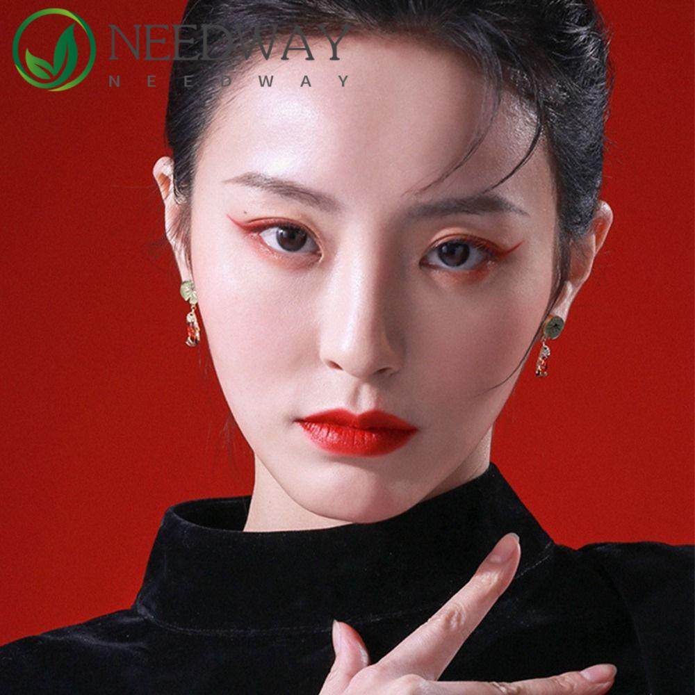 SKJK  Anting Tahun Baru Cina Drop Earrings Mutiara Sederhana Daun Teratai Emas Perhiasan Tahun Baru Kristal Anting Koi Merah