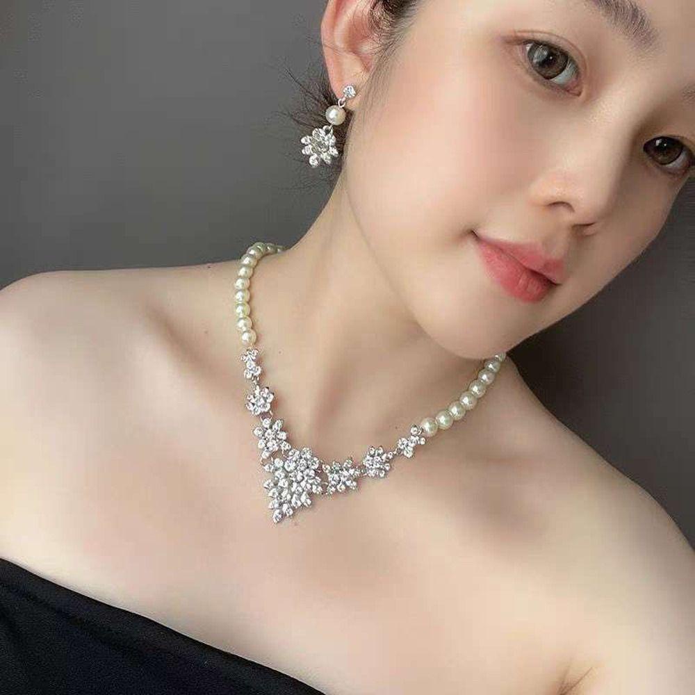 Needway  Set Perhiasan Pernikahan Pengantin Indah Mutiara Halus Berlian Imitasi Alloy Vintage Menjuntai Anting