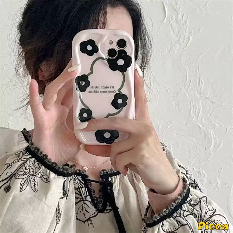 Ins Fashion Casing Bunga Seni Retro Hitam Untuk Redmi9 10 9A A1 A2 9T 10A 9C NFC 10C Redmi Note12 11 10 8 9 11s 10s 10Pro 10 Pro Max Plus POCO M3 3D Tepi Bergelombang Lengkung Lembut Sarung