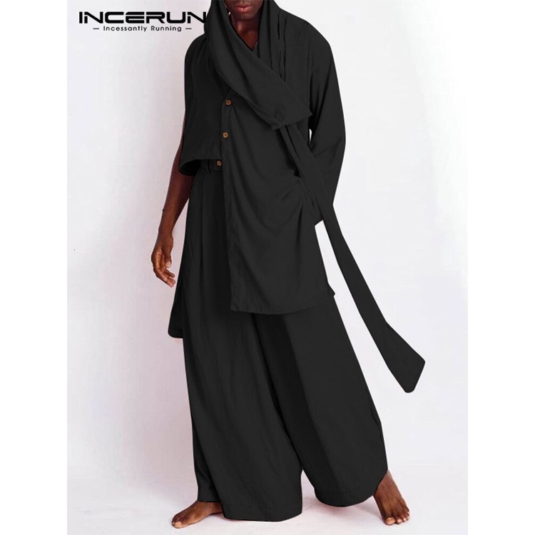 INCERUN 2023 Model Muslim Pria Baru Set Solid Tidak Teratur Kemeja Lengan Hem Celana Longgar Kasual Streetwear Setelan Pria 2 Buah S-5XL