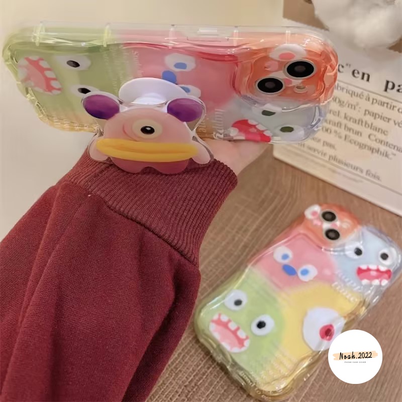 IPHONE Kartun Casing Ponsel DIY Kompatibel Untuk Iphone6 6s 7 8 Plus 11 14 13 12 11 Pro Max XR X XS Max SE Monster Kecil Lucu Dengan Holder 3D Wavy Curved Edge Soft Glossy Shockproof Cover